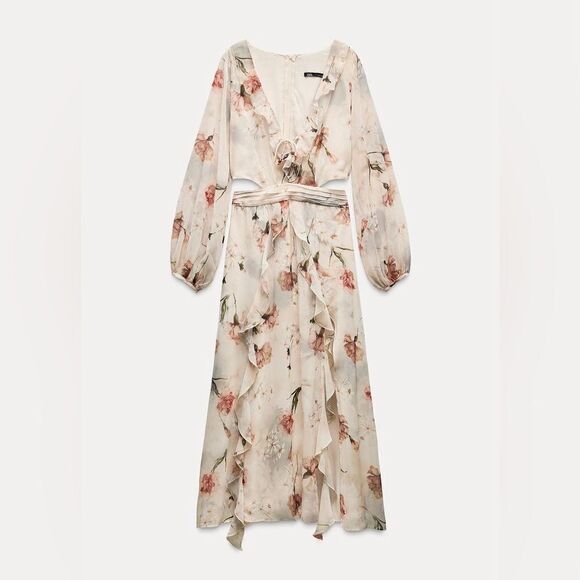 NWT Zara Ruffled Floral Cut Out Dress Size L - Picture 7 of 11